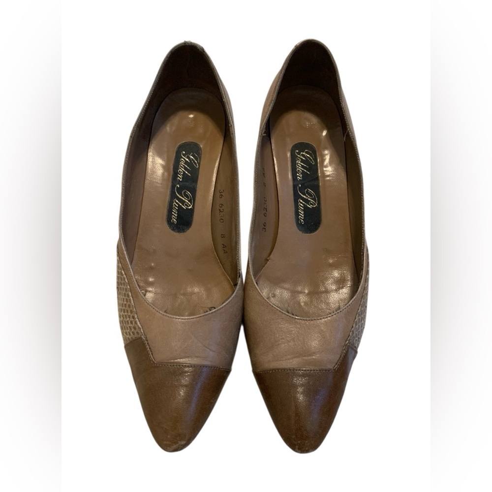 Vintage Golden Plume 8 AA Narrow Kitten Heel Pumps Leather Snake Print Cap Toe